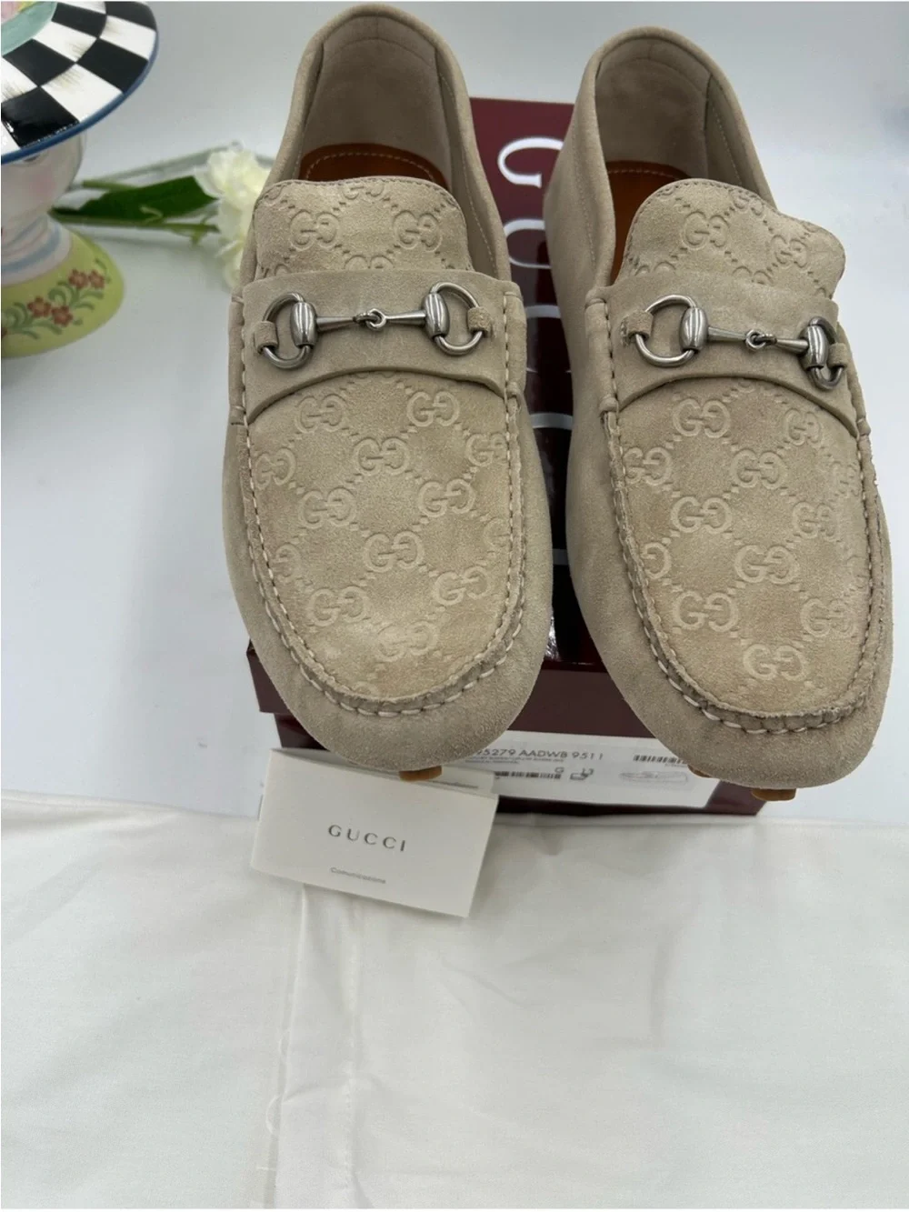 Gucci Mens GG LOGO DRIVER Suede Horsebit Embossed Loafers. Size 13